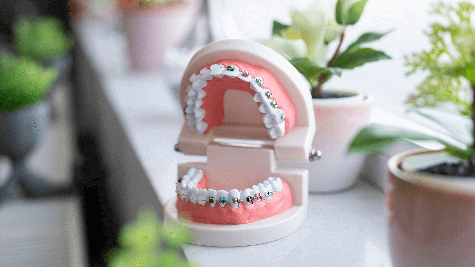Model of human mouth with braces on teeth