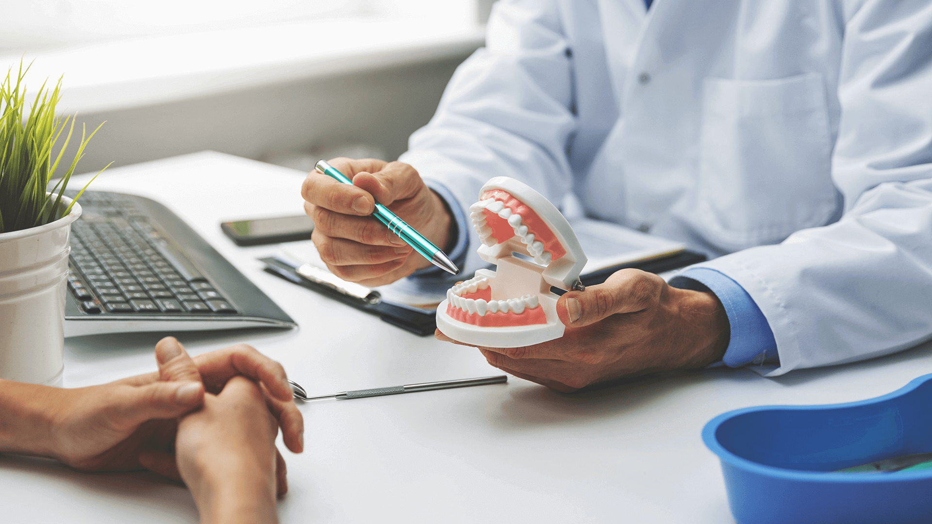 Dentist showing patient teeth mold